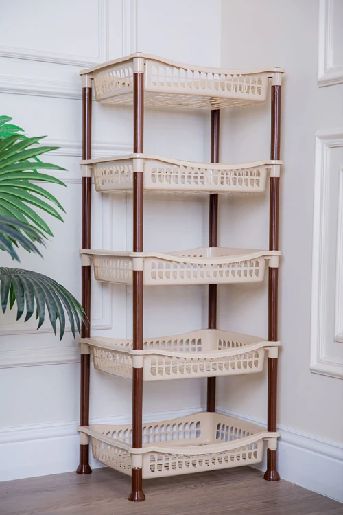 سلة خضار بلاستيك لون بيج مستطيلة 5 رفوف مخرمة