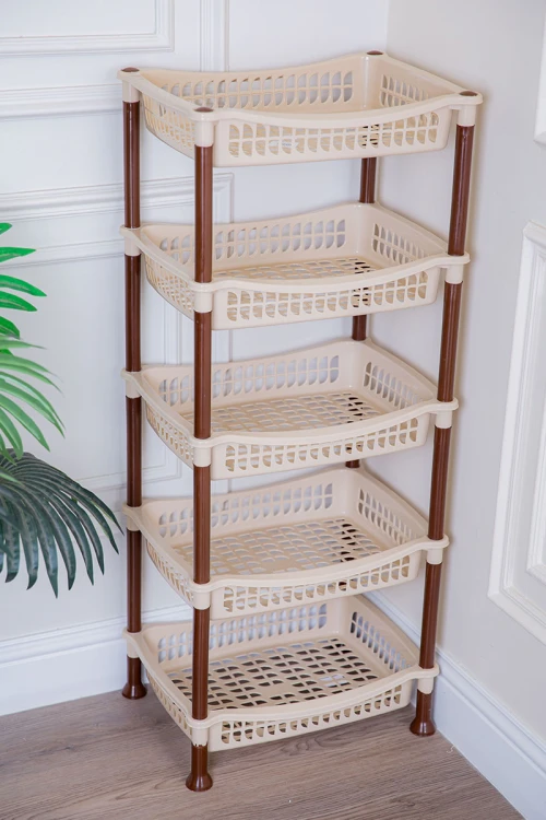 سلة خضار بلاستيك لون بيج مستطيلة 5 رفوف مخرمة