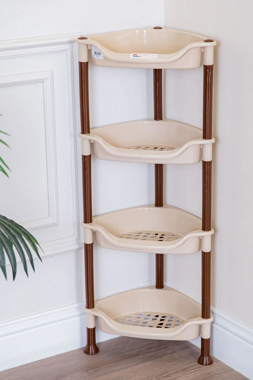 سلة بلاستيك مدورة لون بيج متعددة الاستخدامات 4 رفوف مخرمة