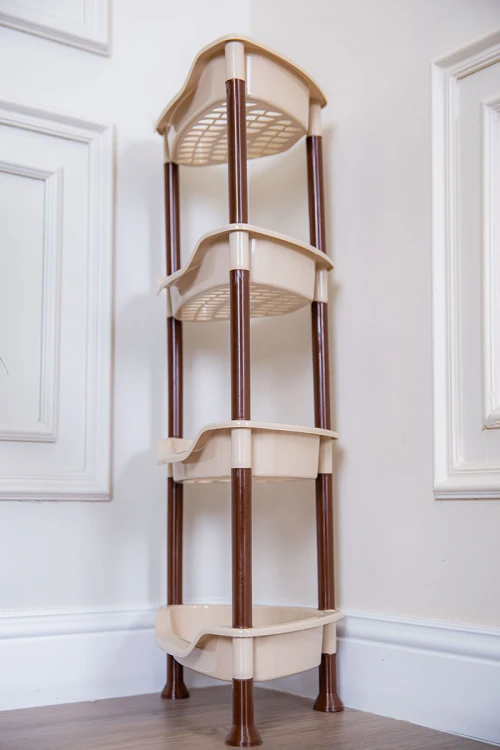 سلة بلاستيك مدورة لون بيج متعددة الاستخدامات 4 رفوف مخرمة