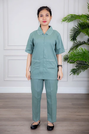 زي عاملة قطعتين متعددة الألوان بلوزة بياقة مطوية سحاب مخفي و جيوب من الأمام ذو أكمام ميدي و بنطلون طويل