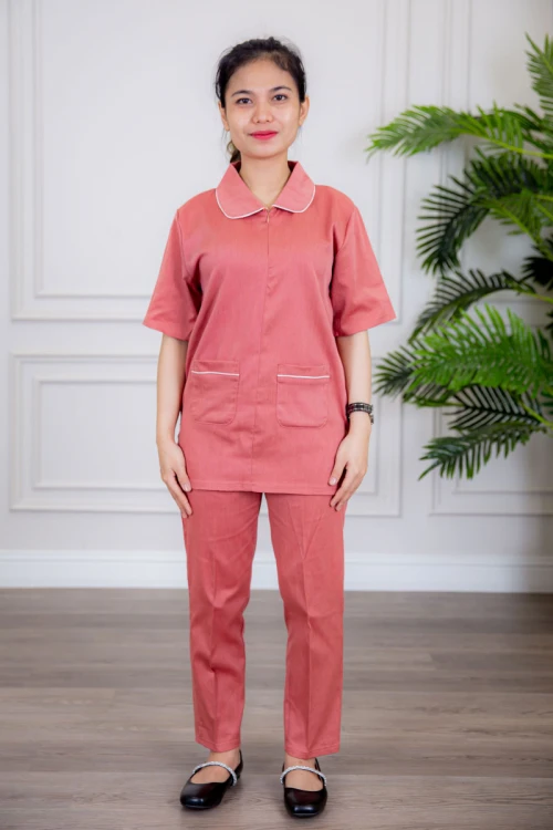 زي عاملة قطعتين متعددة الألوان بلوزة بياقة مطوية سحاب مخفي و جيوب من الأمام ذو أكمام ميدي و بنطلون طويل