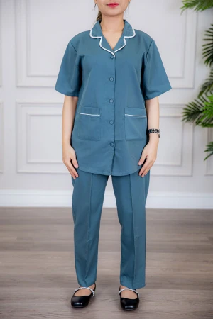 زي عاملة قطعتين متعددة الألوان بلوزة بياقة مطوية جيوب و أزرار من الأمام ذو أكمام ميدي و بنطلون طويل