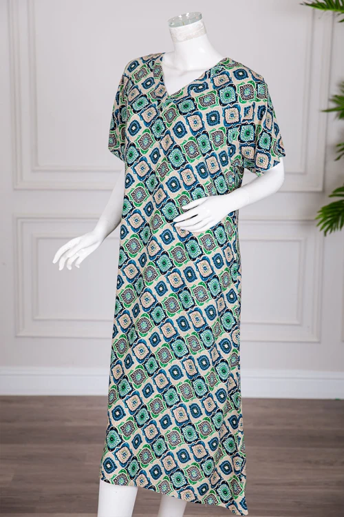 قميص نسائي ميدي بطبعات ملونة ياقة قصة سبعة ذو أكمام قصيرة