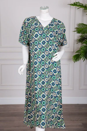 قميص نسائي ميدي بطبعات ملونة ياقة قصة سبعة ذو أكمام قصيرة