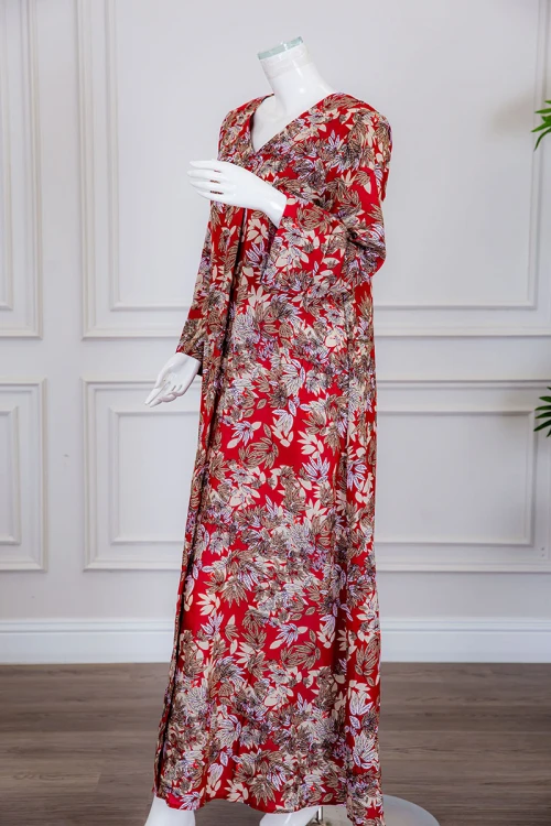 جلابية نسائية طويلة لون أحمر مشجر ياقة بقصة سبعة و أكمام طويلة