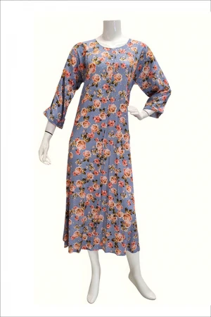 جلابية نسائية طويلة لون سماوي مشجرة ياقة دائرية و بأكمام طويلة