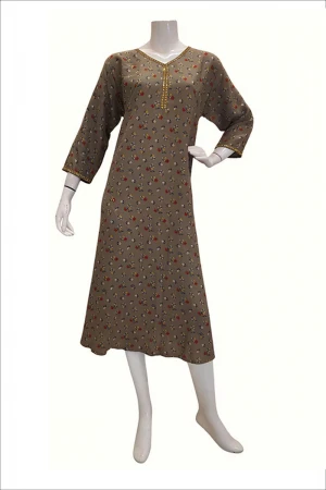 جلابية نسائية ميدي لون بني مشجرة بياقة كلفة مطرزة و أكمام طويلة