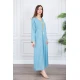 جلابية نسائية لون سماوي ياقة بقصة سبعة بتطريز ذهبي ذو أكمام طويلة