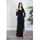 فستان سهرة نسائي طويل لون أسود ياقة مربعة مزين بفصوص ذو أكمام طويلة