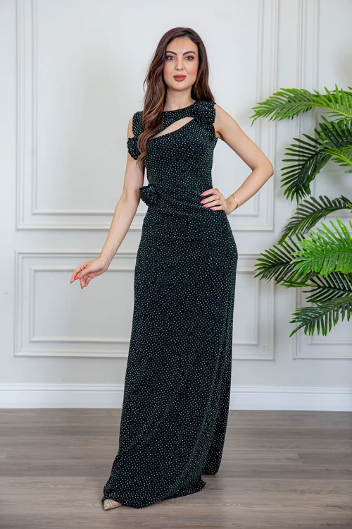 فستان سهرة نسائي طويل لون زيتي ياقة دائرية مزين بفصوص و ورود بدون أكمام