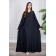 عباية نسائية أنيقة لون أسود ياقة دائرية بأزرار مزينة بطيات طويلة مغلقة من الأمام مع طرحة