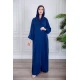 عباية نسائية أنيقة لون أزرق ياقة مطوية بأزرار من الأمام و بزم أطراف الأكمام مع طرحة