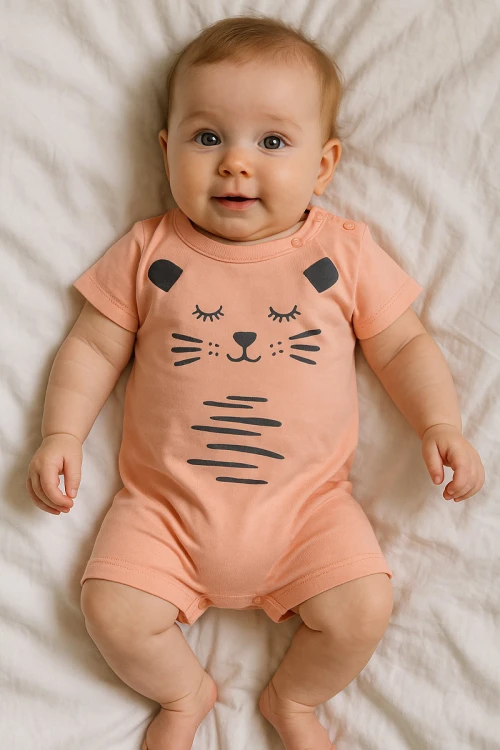 بربتوز بناتي أطفال لون وردي مزين برسومات من الأمام ذو أكمام قصيرة و أزرار من الكتف و الأسفل