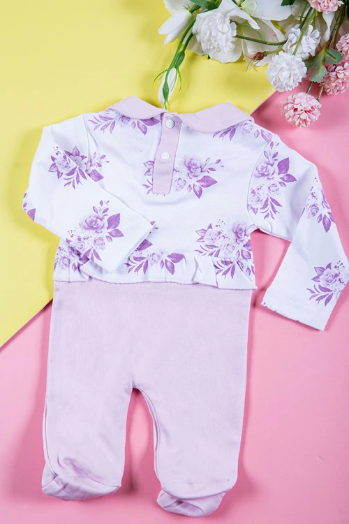 بربتوز بناتي أطفال لون موف و أبيض مزين بفيونكة من الأمام ذو أكمام طويلة و أزرار من الخلف و الأسفل