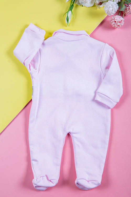 بربتوز بناتي أطفال لون وردي مزين برسومات من الأمام ذو أكمام طويلة و أزرار من الأمام و الأسفل