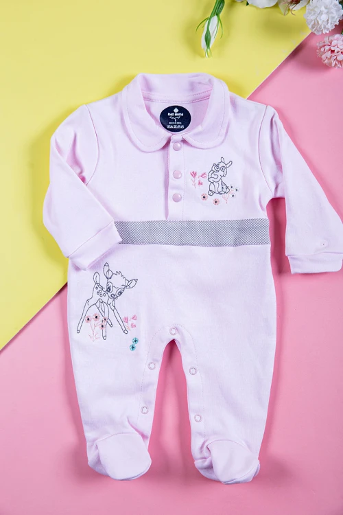 بربتوز بناتي أطفال لون وردي مزين برسومات من الأمام ذو أكمام طويلة و أزرار من الأمام و الأسفل