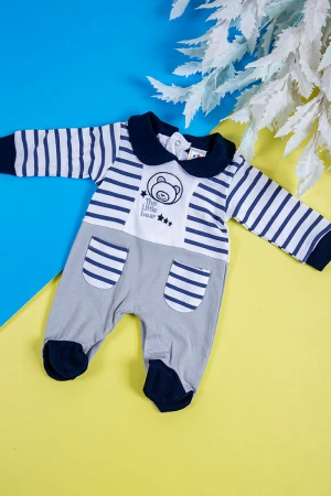 بربتوز ولادي أطفال لون أبيض مخطط و رمادي مزين برسومات من الأمام ذو أكمام طويلة و أزرار من الخلف و الأسفل