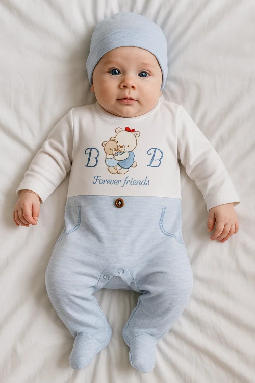 بربتوز أطفال لون أزرق مزين من الأمام ذو أكمام طويلة و أزرار من الخلف و الأسفل مع قبعة