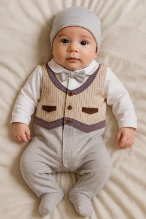 بربتوز أطفال لون بيج  مزين من الأمام ذو أكمام طويلة و أزرار من الخلف و الأسفل مع قبعة 