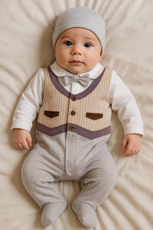 بربتوز أطفال لون بيج  مزين من الأمام ذو أكمام طويلة و أزرار من الخلف و الأسفل مع قبعة