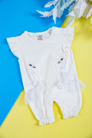 بربتوز بناتي أطفال لون أبيض مزين برسومات من الأمام بدون أكمام و بأزرار من الكتف و الأسفل