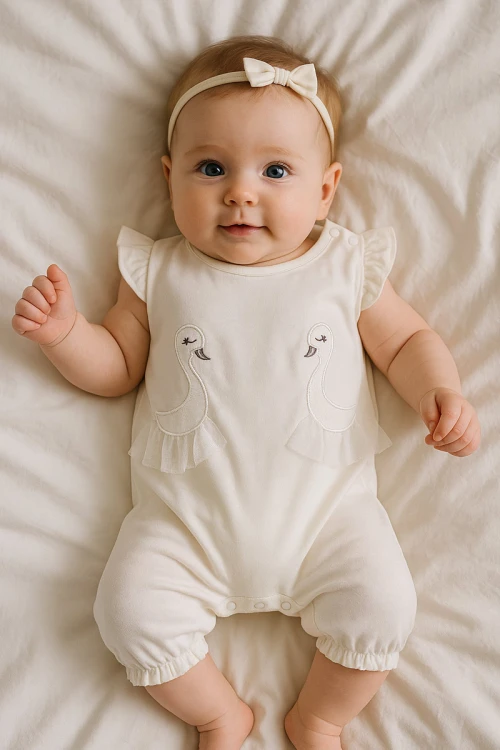 بربتوز بناتي أطفال لون أبيض مزين برسومات من الأمام بدون أكمام و بأزرار من الكتف و الأسفل