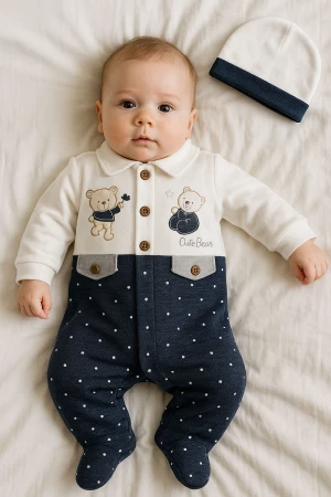 بربتوز أطفال لون أبيض و كحلي مزين برسومات و أزرار من الأمام ذو أكمام طويلة و بأزرار من الخلف و الأسفل مع قبعة 