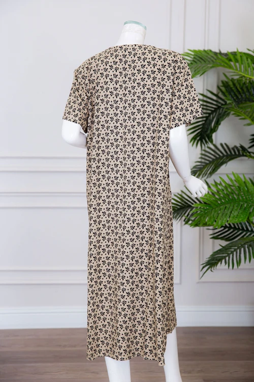 قميص نسائي ميدي لون بيج مشجر ياقة قصة سبعة ذو أكمام قصيرة