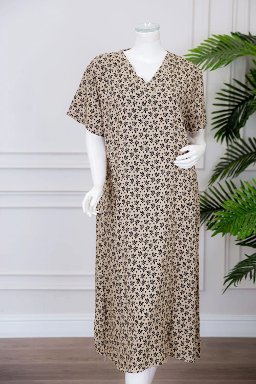 قميص نسائي ميدي لون بيج مشجر ياقة قصة سبعة ذو أكمام قصيرة