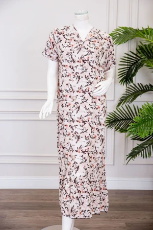 قميص نسائي ميدي لون بيج مشجر بياقة مطوية ذو أكمام قصيرة