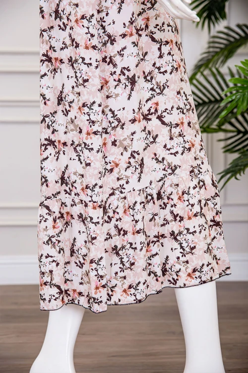 قميص نسائي ميدي لون بيج مشجر بياقة مطوية ذو أكمام قصيرة