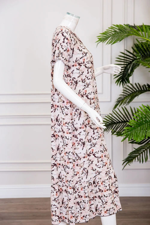 قميص نسائي ميدي لون بيج مشجر بياقة مطوية ذو أكمام قصيرة