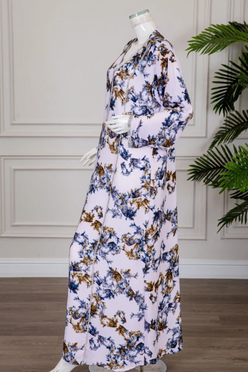 جلابية نسائية مشجرة ياقة بقصة سبعة مزينة بكريستال ذو أكمام طويلة