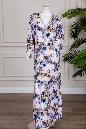 جلابية نسائية مشجرة ياقة بقصة سبعة مزينة بكريستال ذو أكمام طويلة