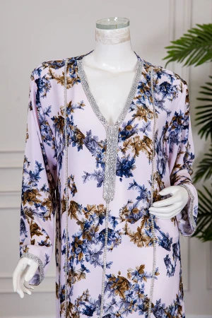 جلابية نسائية مشجرة ياقة بقصة سبعة مزينة بكريستال ذو أكمام طويلة