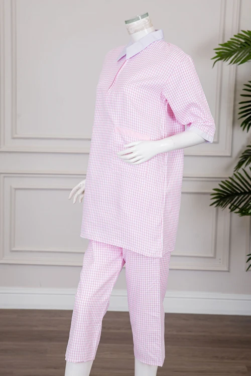 زي عاملة قطعتين متعدد الألوان بلوزة طويلة ياقة مطوية بسحاب و جيوب من الأمام و أكمام ميدي مع بنطلون طويل