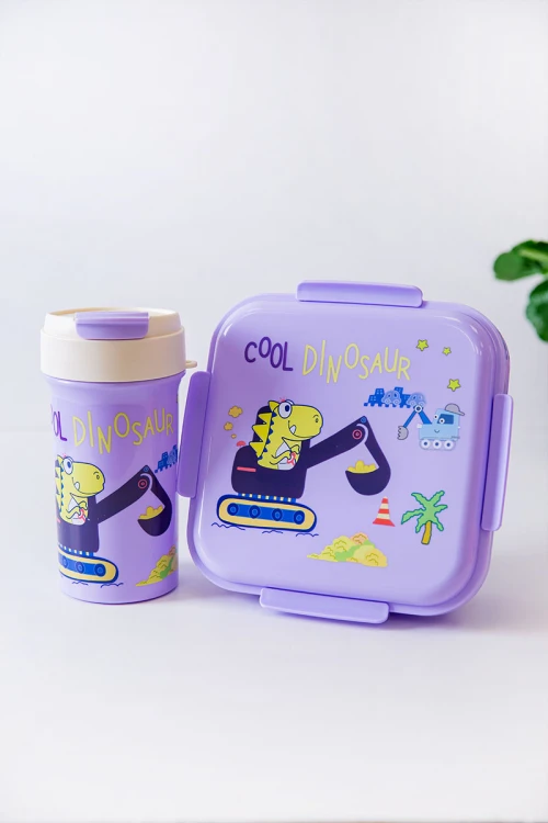 حافظة طعام مدرسية متعددة الألوان مقسمة مع ملعقة و مزينة برسومات كرتونية مع زمزمية مشروب بارد