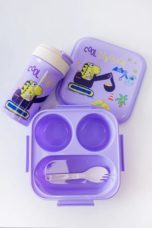 حافظة طعام مدرسية متعددة الألوان مقسمة مع ملعقة و مزينة برسومات كرتونية مع زمزمية مشروب بارد