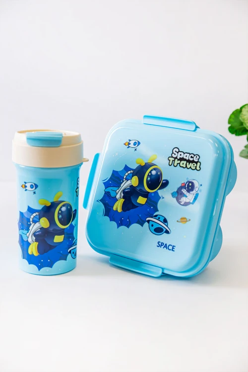 حافظة طعام مدرسية متعددة الألوان مقسمة مع ملعقة و مزينة برسومات كرتونية مع زمزمية مشروب بارد