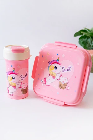 حافظة طعام مدرسية متعددة الألوان مقسمة مع ملعقة و مزينة برسومات كرتونية مع زمزمية مشروب بارد 