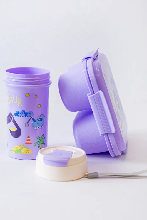 حافظة طعام مدرسية متعددة الألوان مقسمة مع ملعقة و مزينة برسومات كرتونية مع زمزمية مشروب بارد