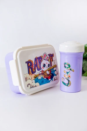 حافظة طعام مدرسية متعددة الألوان مقسمة مع ملعقة و مزينة برسومات كرتونية مع زمزمية مشروب بارد 
