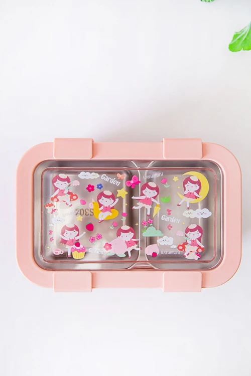 حافظة طعام مدرسية متعددة الألوان مقسمة مع ملعقة و شوكة مزينة برسومات كرتونية