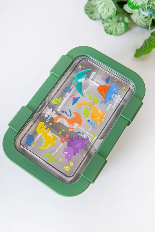 حافظة طعام مدرسية متعددة الألوان مقسمة مع ملعقة و شوكة مزينة برسومات كرتونية