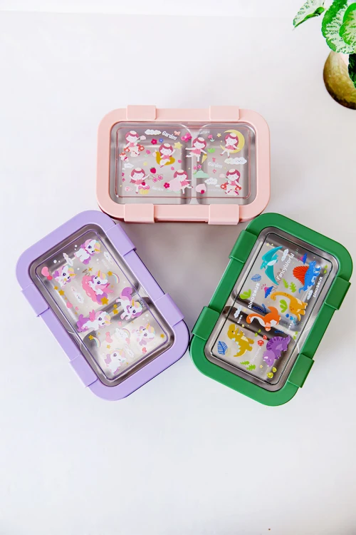 حافظة طعام مدرسية متعددة الألوان مقسمة مع ملعقة و شوكة مزينة برسومات كرتونية