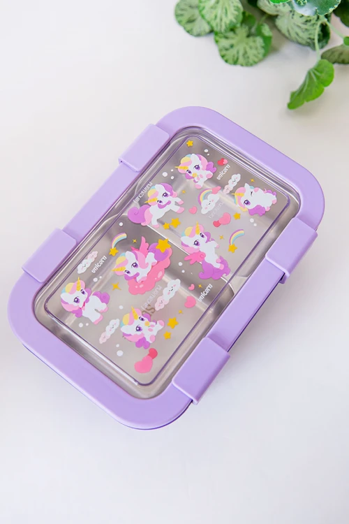 حافظة طعام مدرسية متعددة الألوان مقسمة مع ملعقة و شوكة مزينة برسومات كرتونية