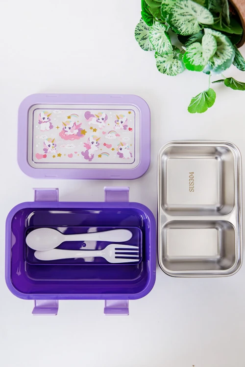 حافظة طعام مدرسية متعددة الألوان مقسمة مع ملعقة و شوكة مزينة برسومات كرتونية