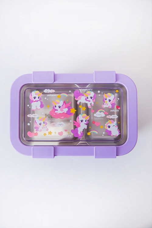 حافظة طعام مدرسية متعددة الألوان مقسمة مع ملعقة و شوكة مزينة برسومات كرتونية