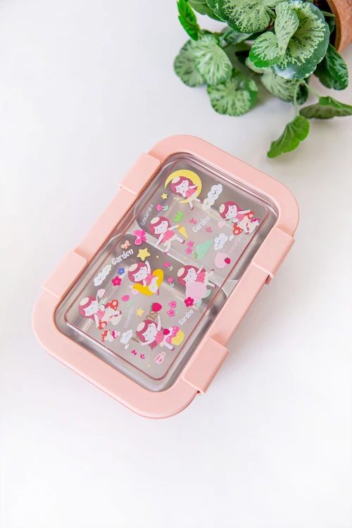 حافظة طعام مدرسية متعددة الألوان مقسمة مع ملعقة و شوكة مزينة برسومات كرتونية